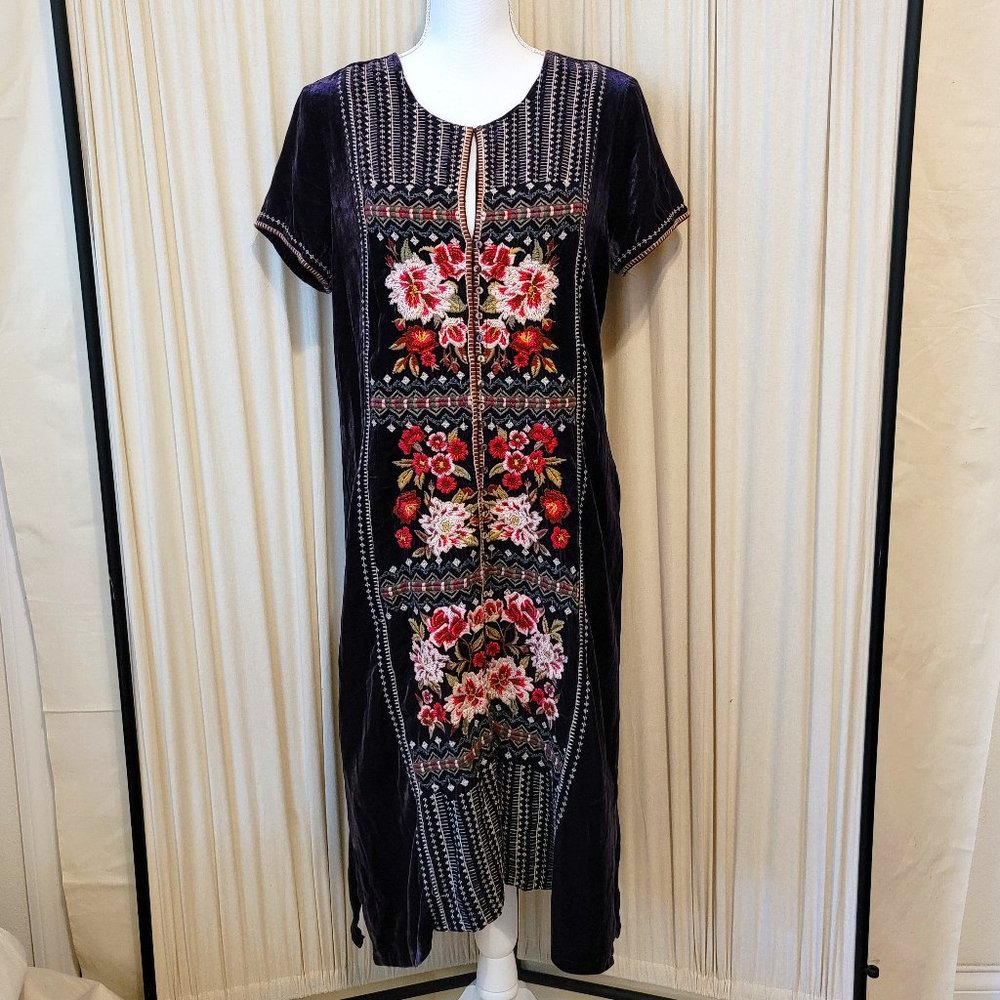 JOHNNY WAS Purple Silk Floral Embroidered Velvet Tunic Dress